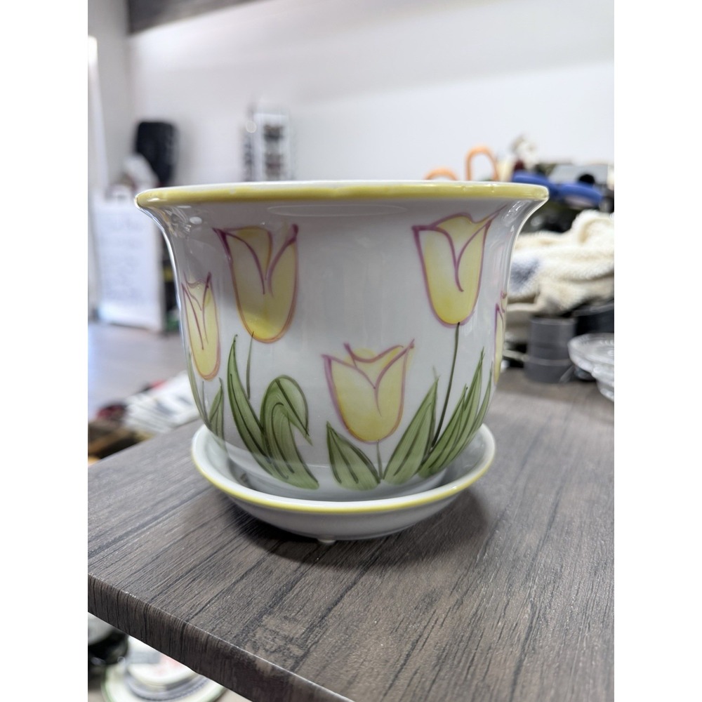 NORCAL Floral Tulips Yellow Drip Tray Planter